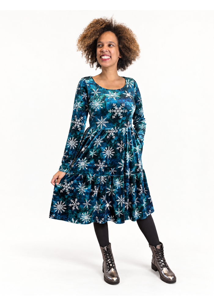 Mercy Teal Snowflake Print 2 Tiered Dress