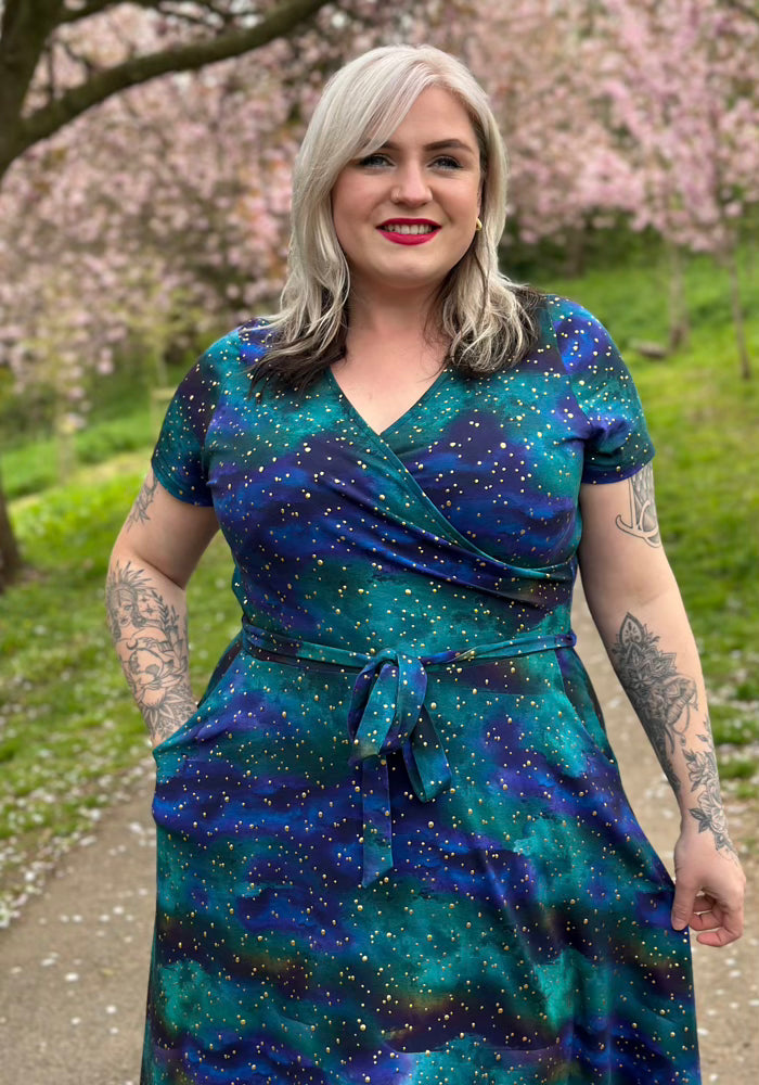 Front view of Kylin Teal Ombre Gold Foil Spot Print Cotton Dress