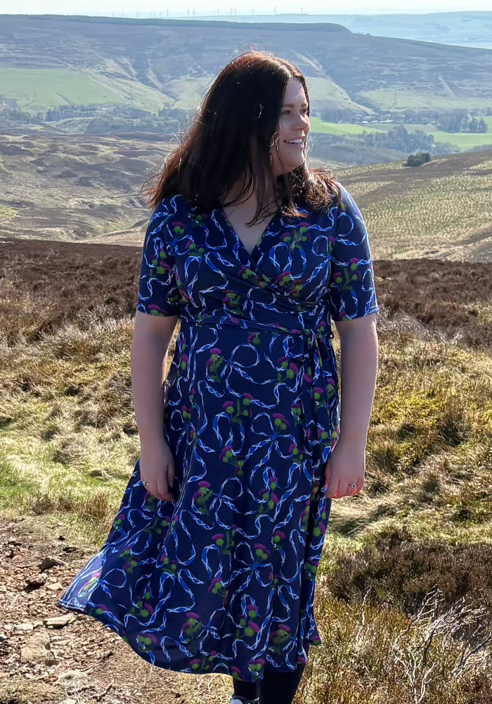 Third angle of Navy Scotland Print Wrap Midi Jersey Dress