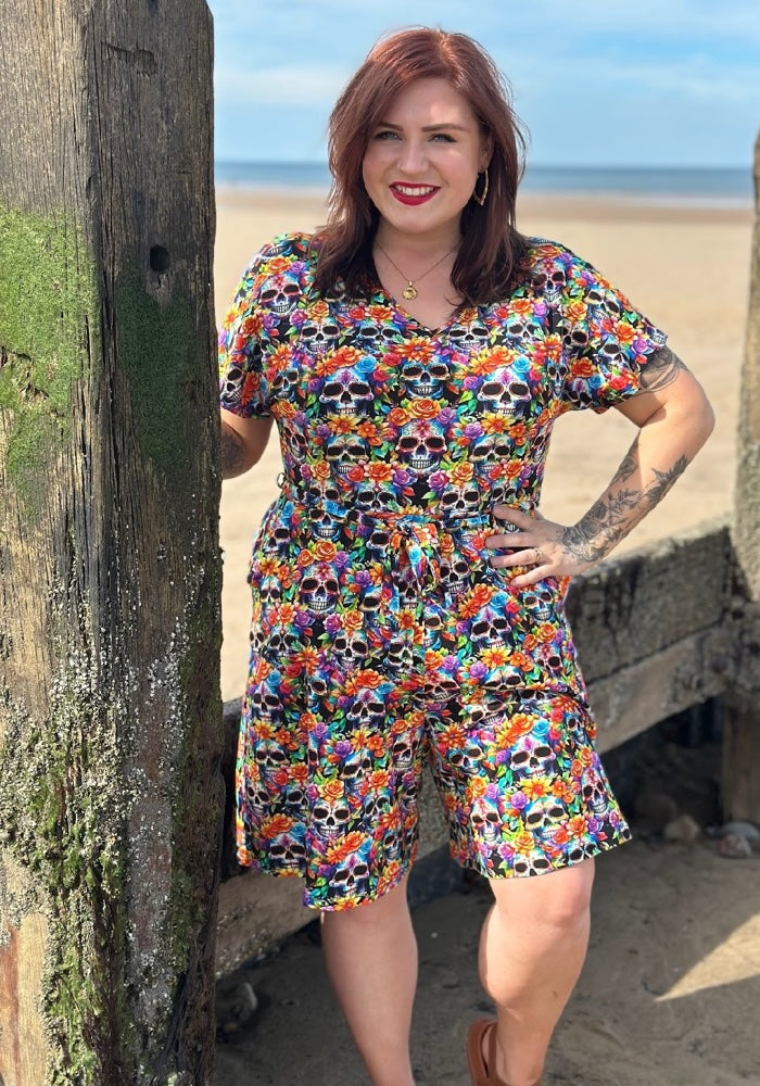 Front view of Enza Rainbow Floral Skull Print Cotton Playsuit