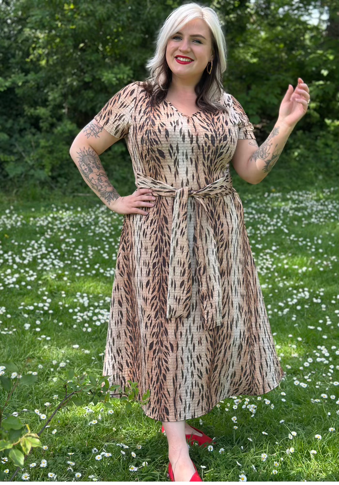 Front view of Mariana Animal Skin Print Midi Dress