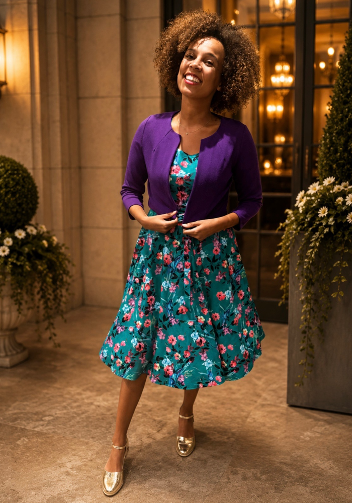 Front view of Tillie Teal Floral Print Scuba Crepe Vintage Swing Dress