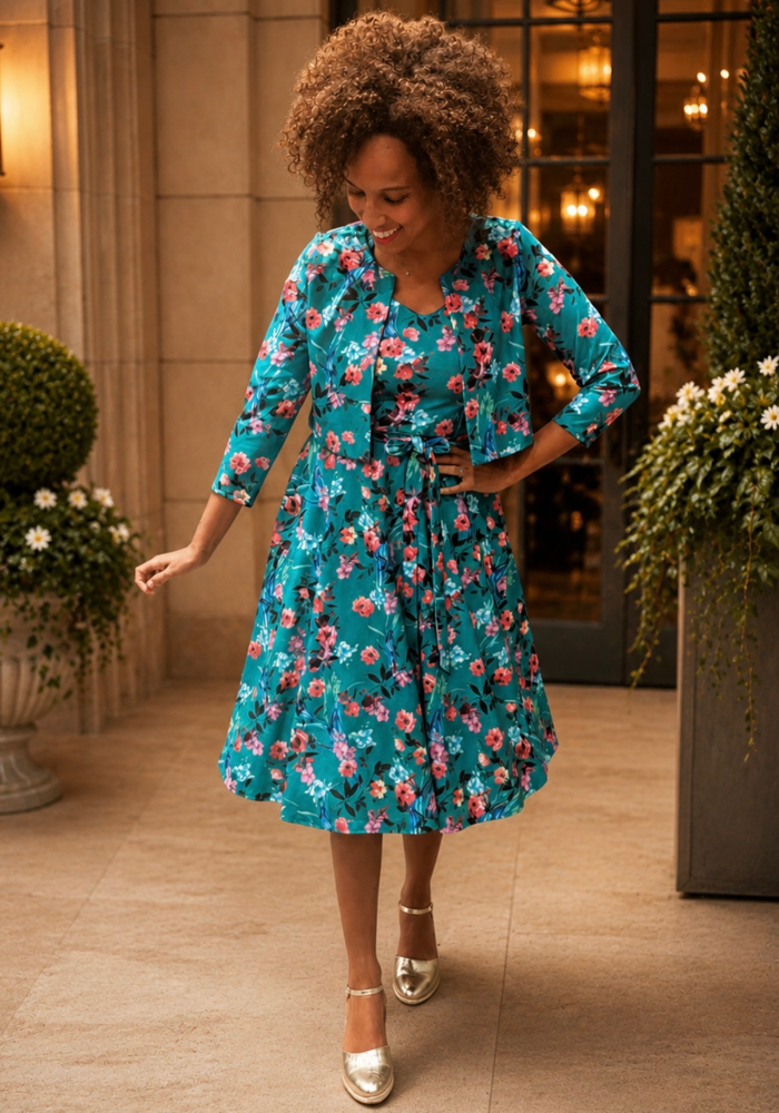 Fourth angle of Tillie Teal Floral Print Scuba Crepe Vintage Swing Dress
