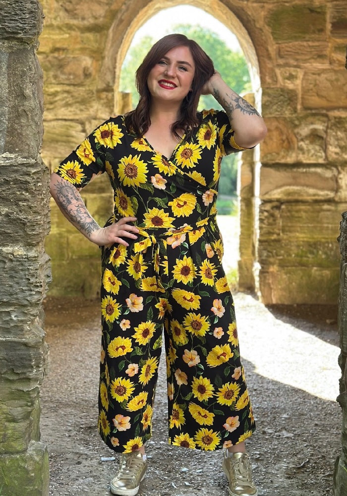 Roxie Black Sunflower Print Cotton Culotte Jumpsuit