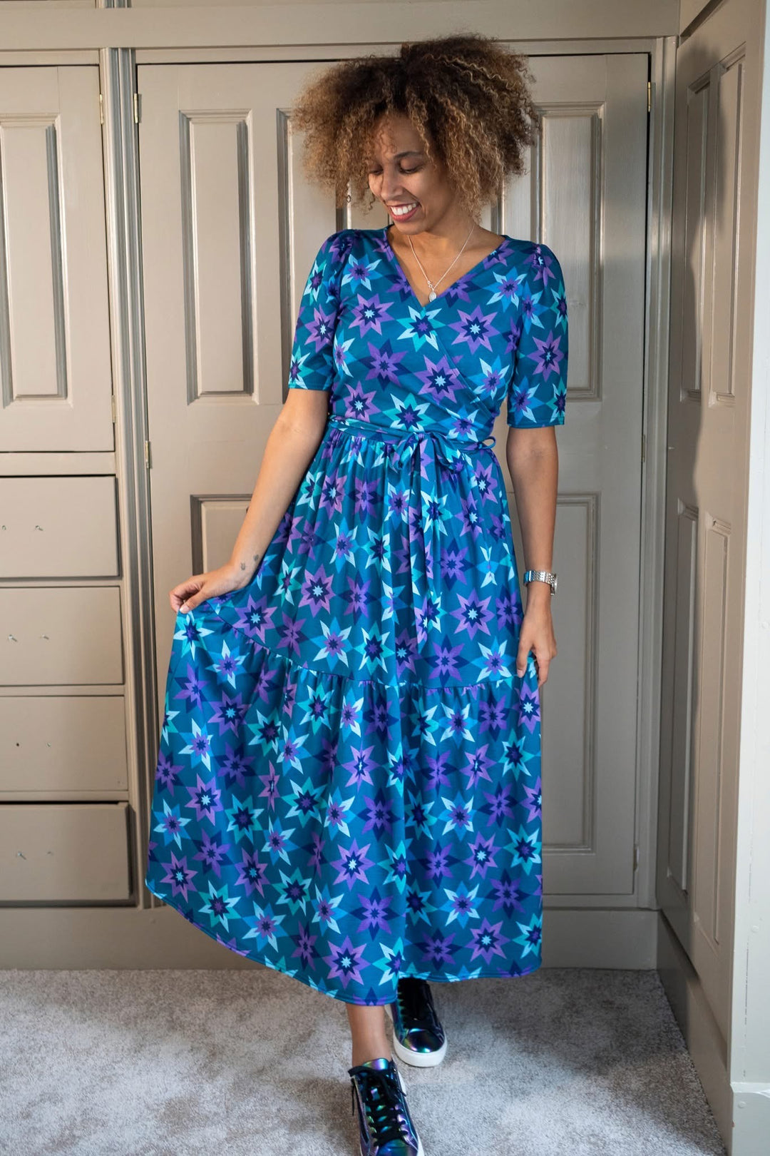 Front view of Zarah Retro Star Print Midaxi Dress