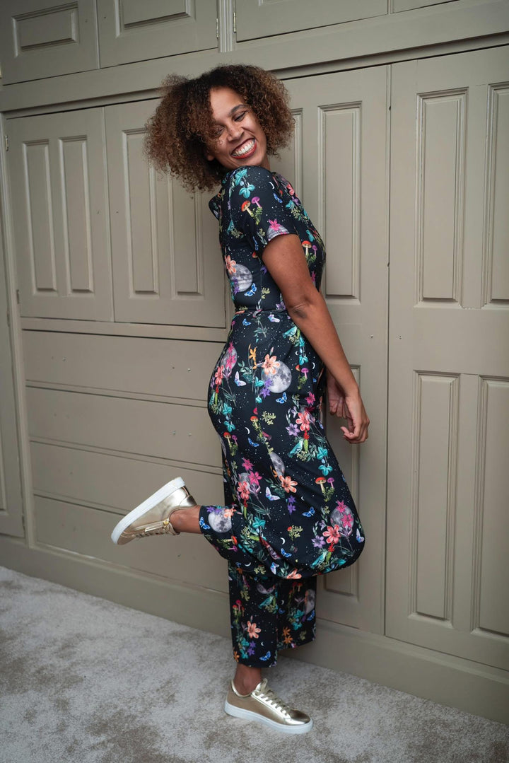 Third angle of Sibry Midnight Botanical Print Culotte Leg Jumpsuit