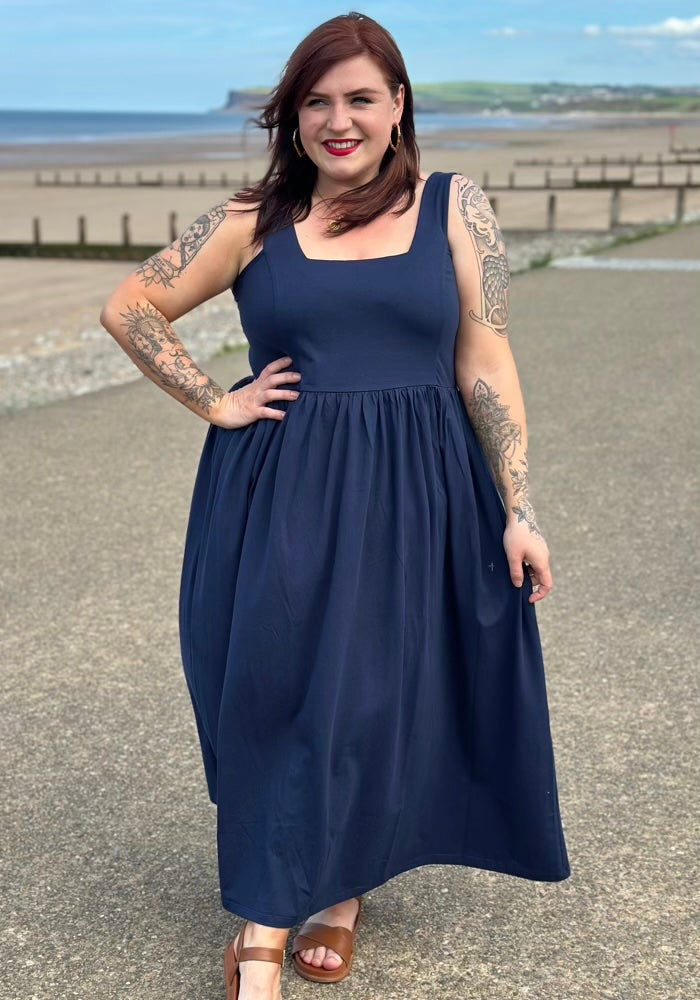 Front view of Rhona Navy Shirred Cotton Midaxi Dress