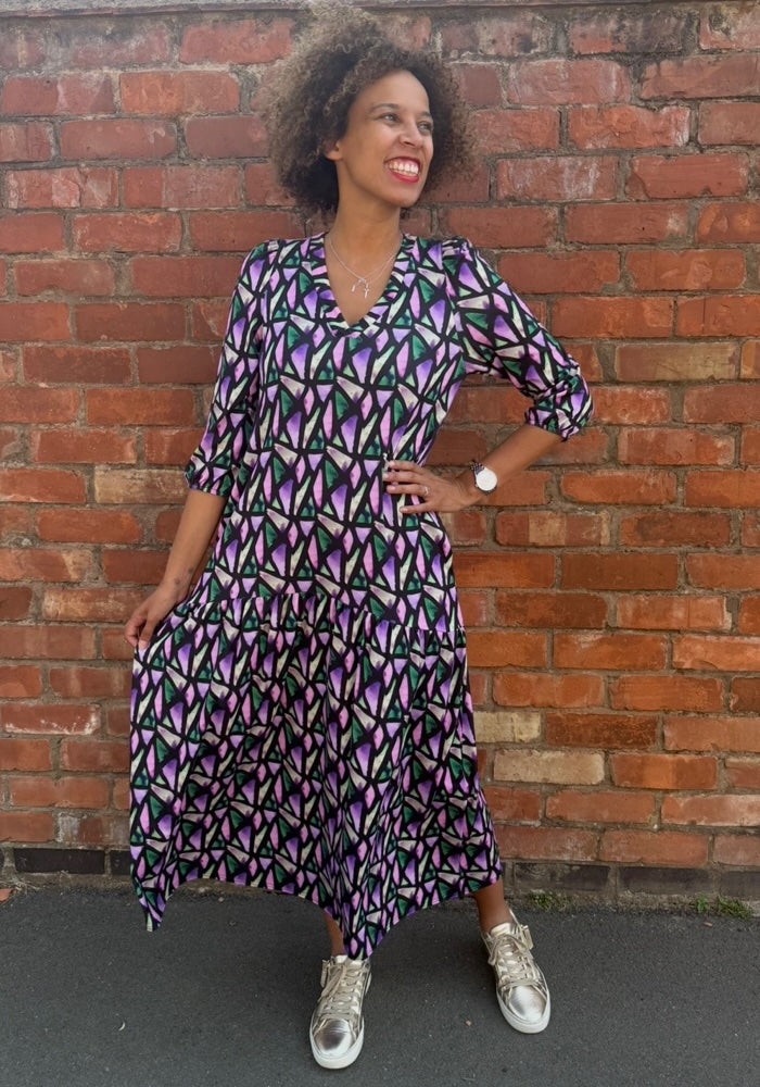 Karolina Colourful Abstract Pieces Print Drop Waist Midaxi Dress