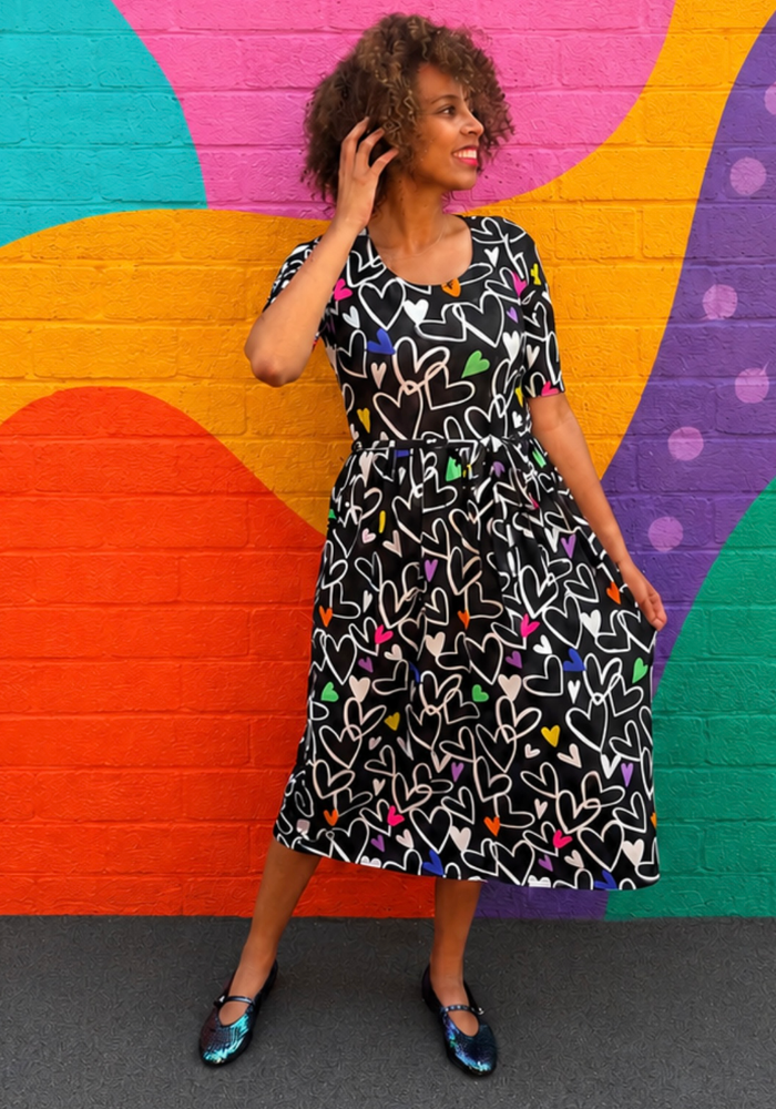 Naomi Doodle Hearts Print Midi Dress
