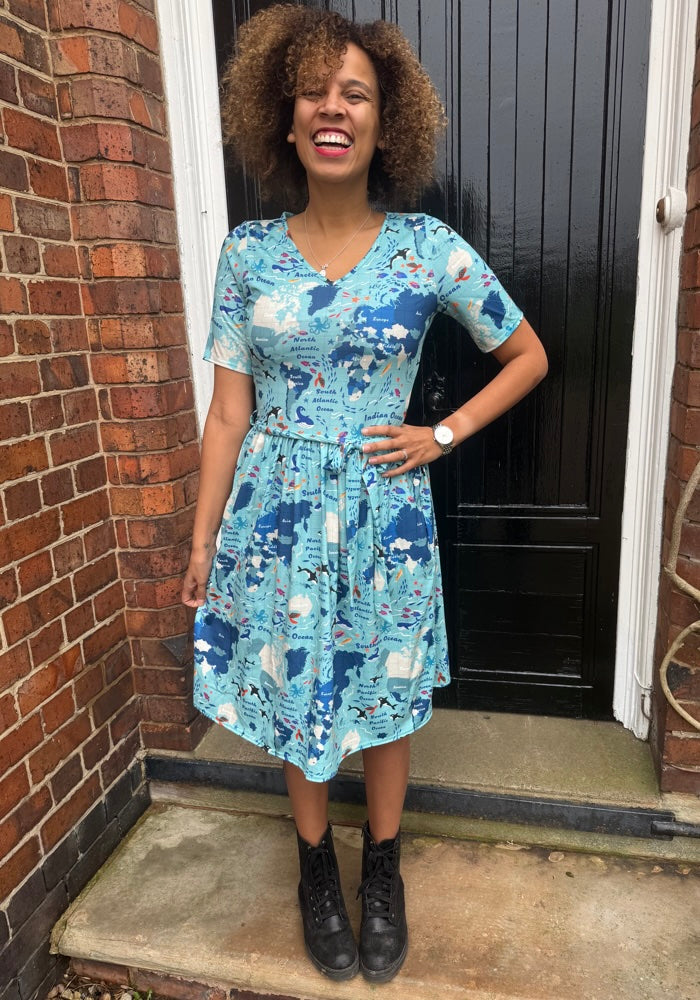 Third angle of Tallis World Map Print Dress