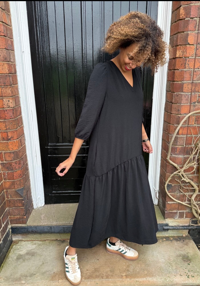 Front view of Didi Black Dropped Waist Oversized Relaxed Fit Midaxi Dress