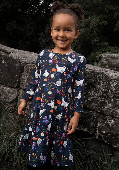 Ghost Cats Print Children's Tiered Hem Dress (Inga)