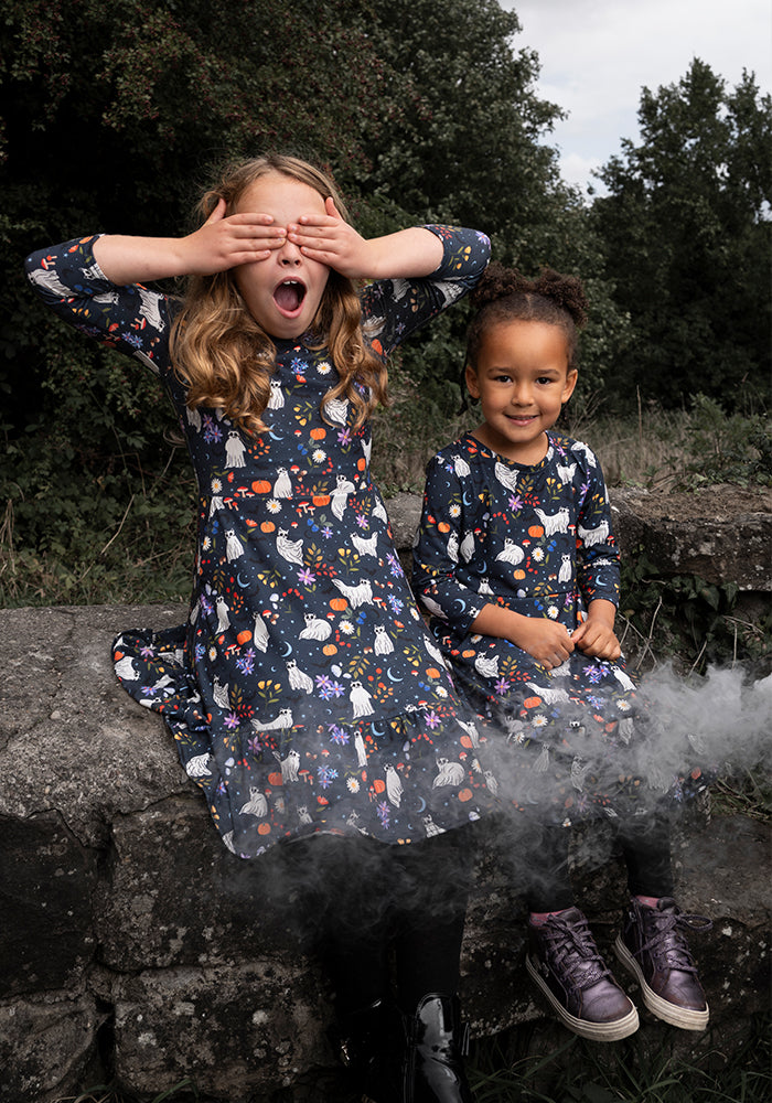 Ghost Cats Print Children's Tiered Hem Dress (Inga)