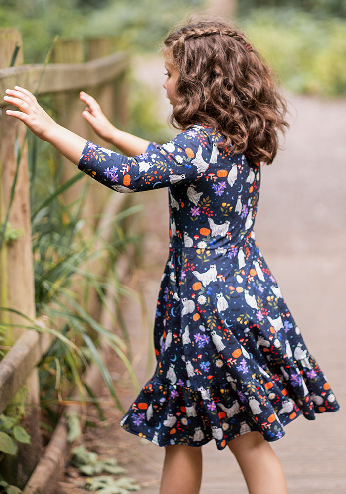 Ghost Cats Print Children's Tiered Hem Dress (Inga)