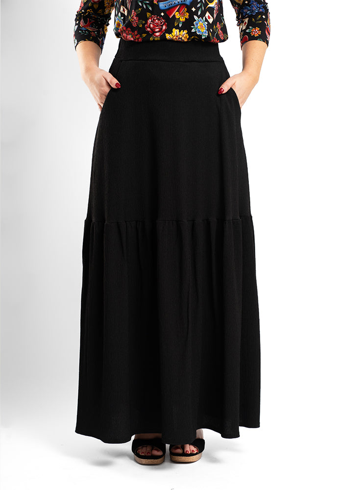 Ida Black Midaxi Length Tiered Hem Skirt
