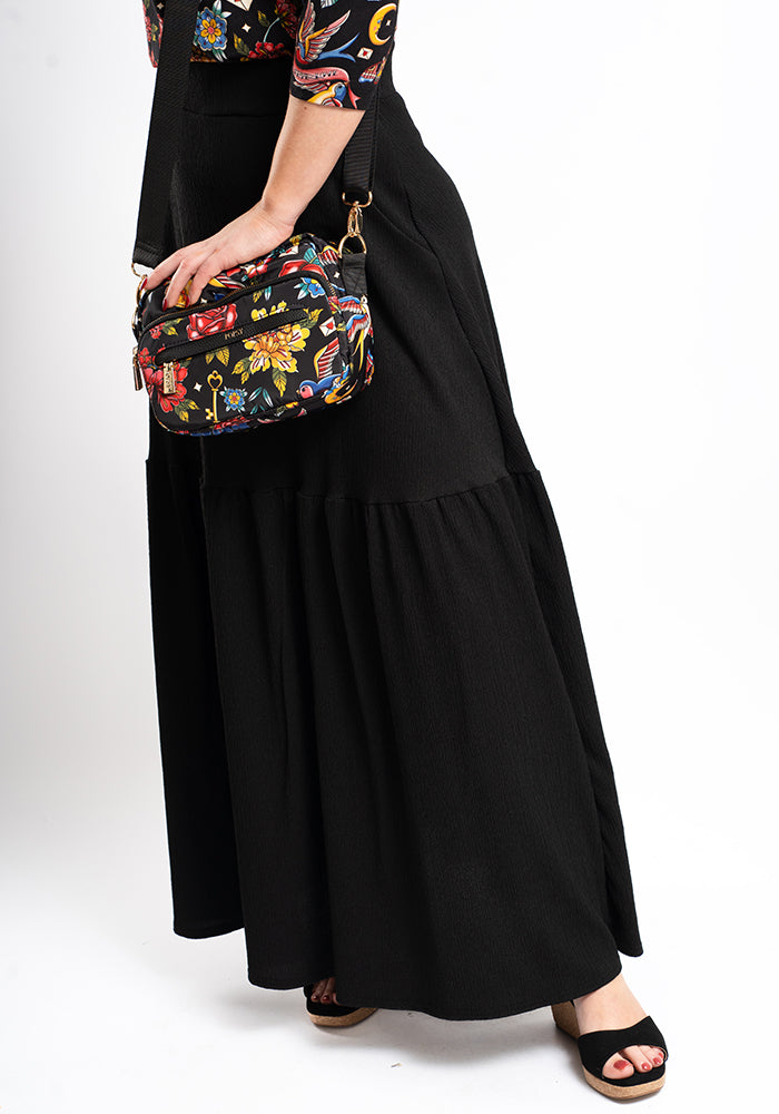 Ida Black Midaxi Length Tiered Hem Skirt
