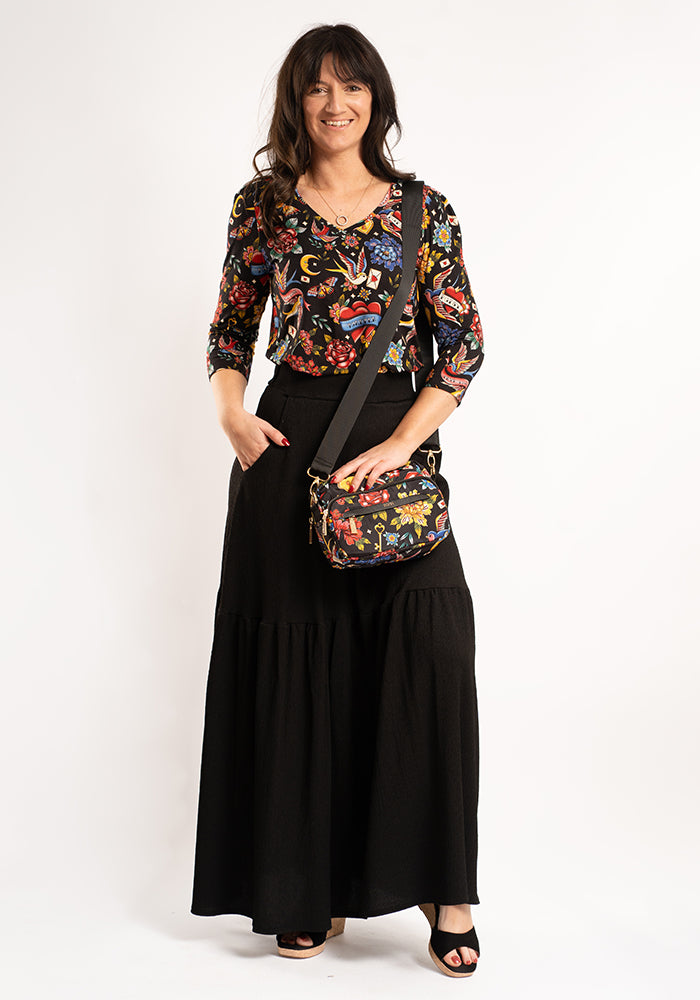 Ida Black Midaxi Length Tiered Hem Skirt
