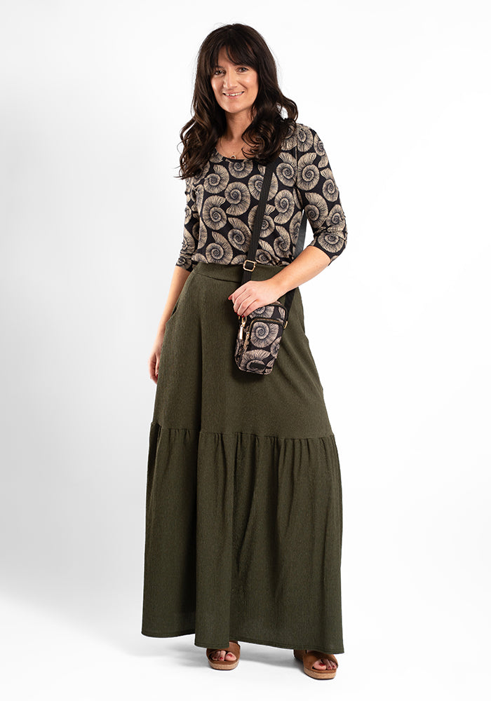 Ida Khaki Midaxi Length Tiered Hem Skirt