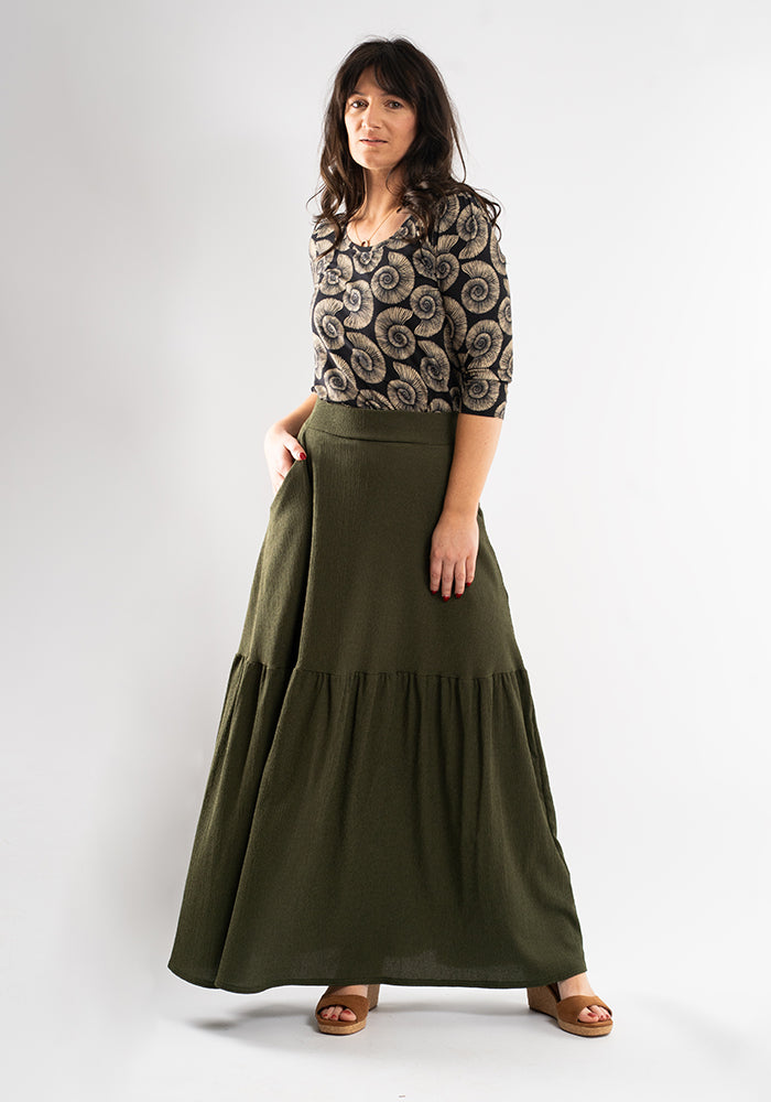 Front view of Ida Khaki Maxi Length Tiered Hem Skirt