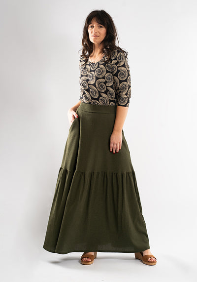 Ida Khaki Midaxi Length Tiered Hem Skirt