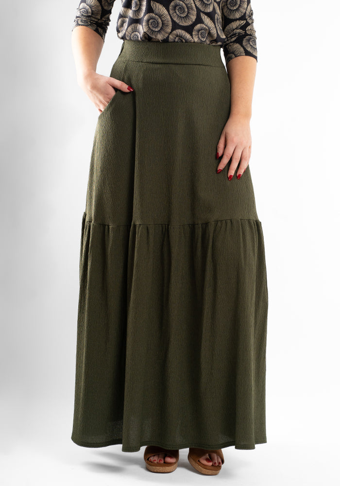 Third angle of Ida Khaki Maxi Length Tiered Hem Skirt