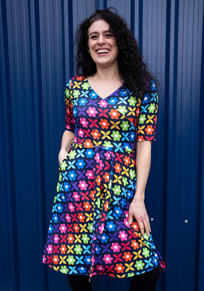 Front view of Idalia Retro Rainbow Floral Print Dress