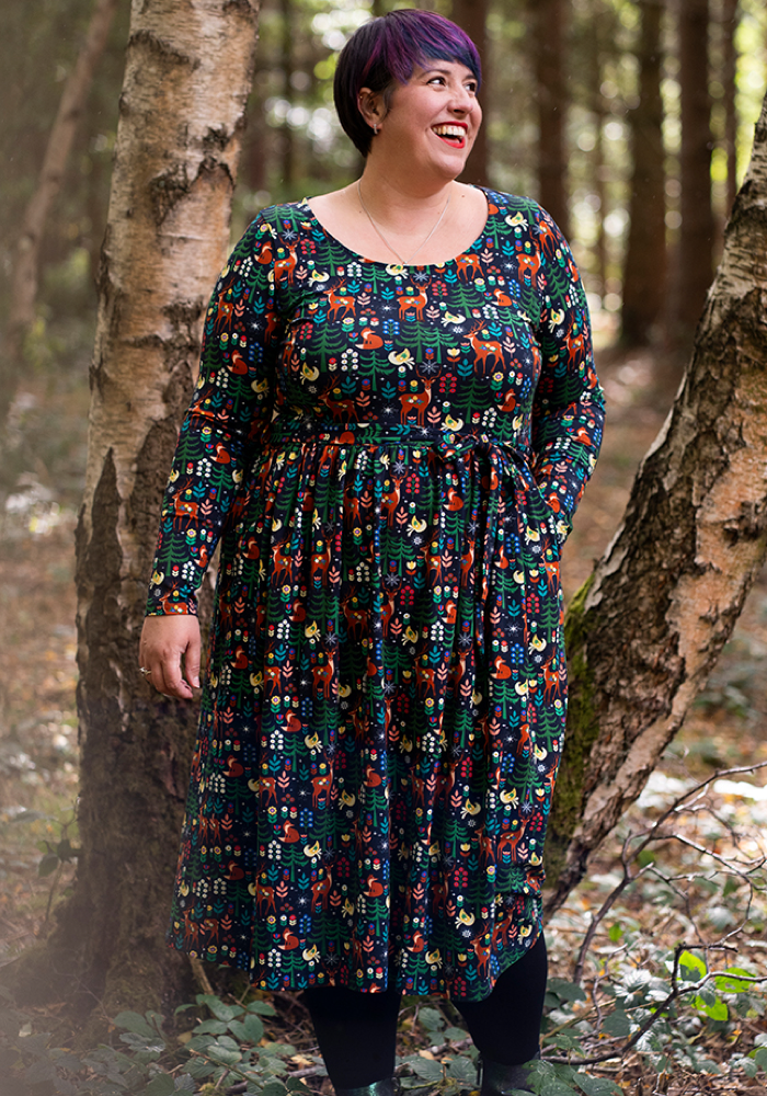 Front view of Edda Nordic Reindeer Print Cotton Midi Dress