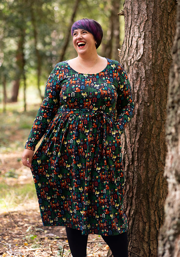 Second angle of Edda Nordic Reindeer Print Cotton Midi Dress