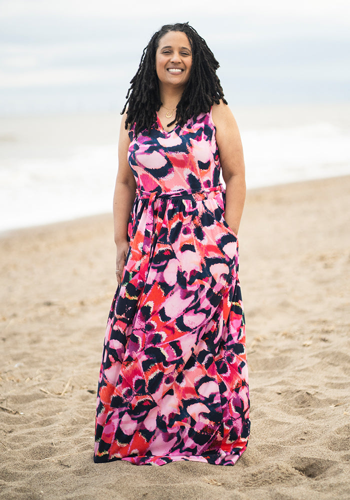 Front view of Iman Abstract Butterfly Wing Print Cotton Maxi Dress