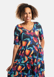 Inca Ink Swirl Print Tiered Hem Relaxed Fit Midi Dress