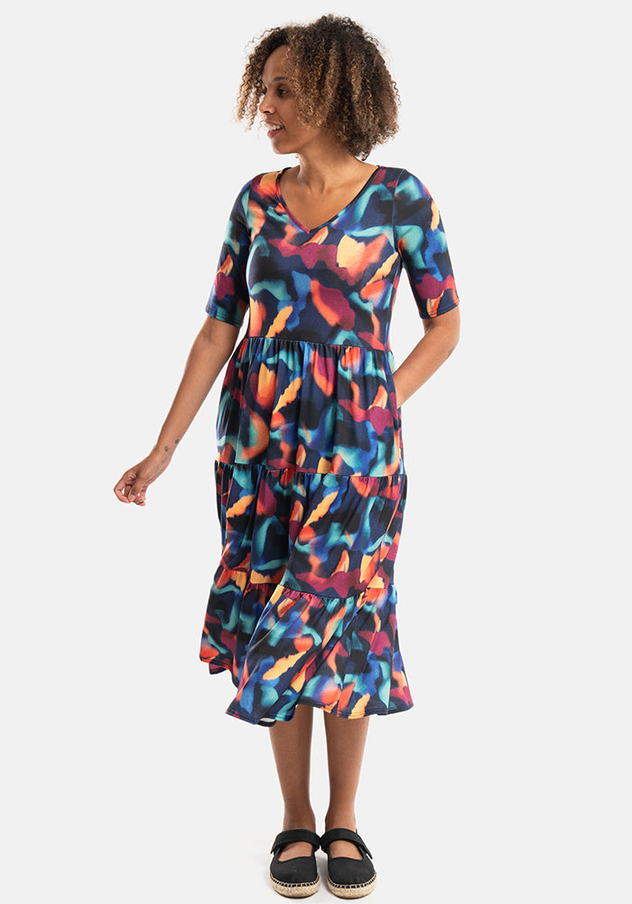 Inca Ink Swirl Print Tiered Hem Relaxed Fit Midi Dress