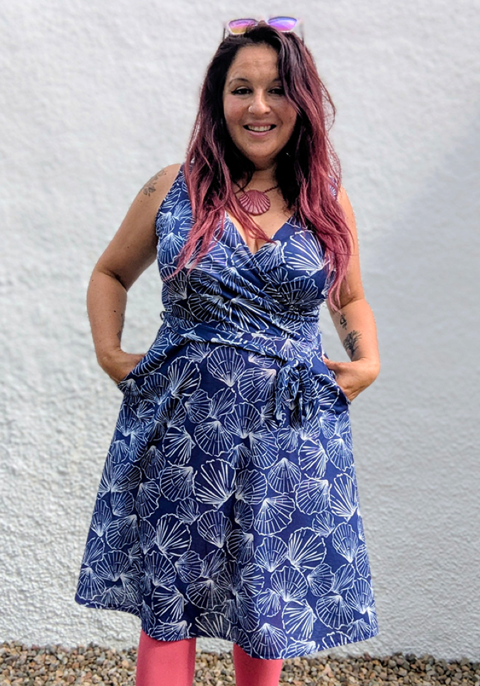 Front view of Indigo Scallop Shell Print Dress
