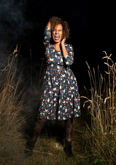 Inga Ghost Cats Print Tiered Hem Dress
