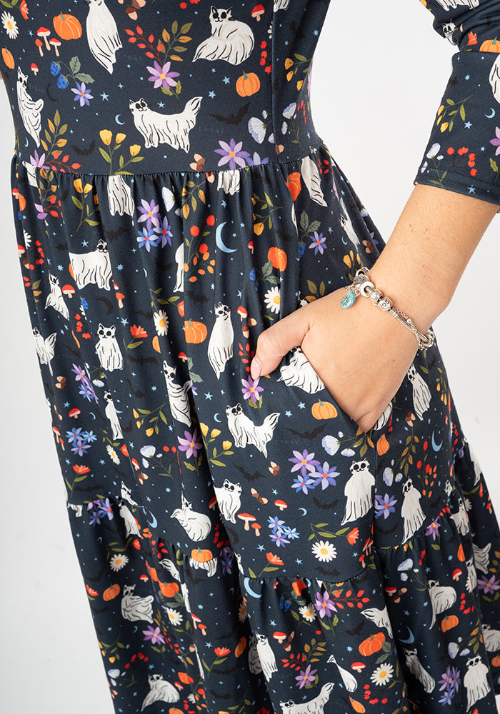 Inga Ghost Cats Print Tiered Hem Dress