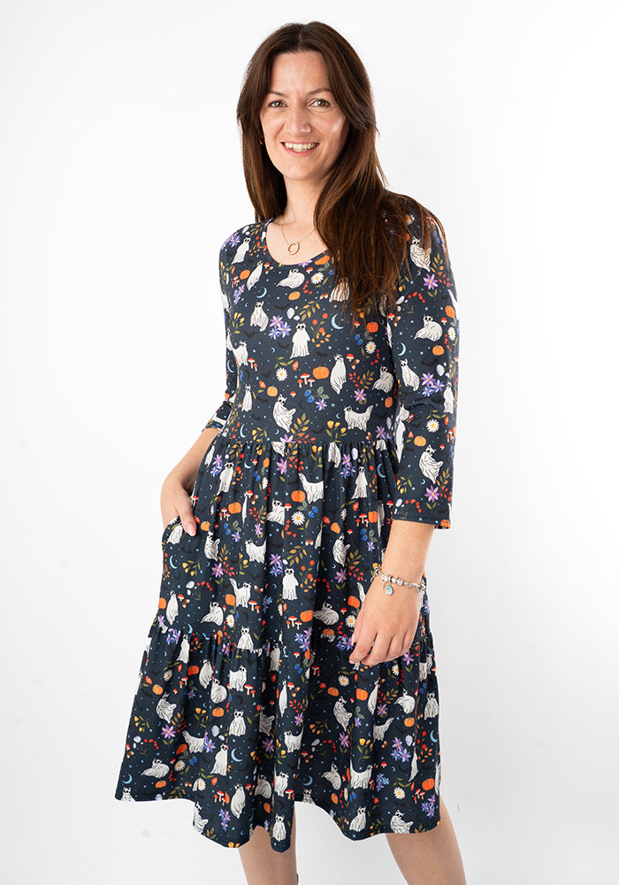 Inga Ghost Cats Print Tiered Hem Dress