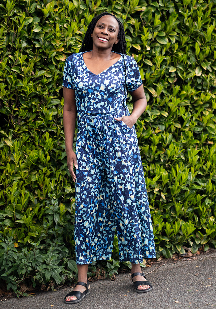 Seventh angle of Iona Blue Abstract Animal Print Culotte Leg Jumpsuit
