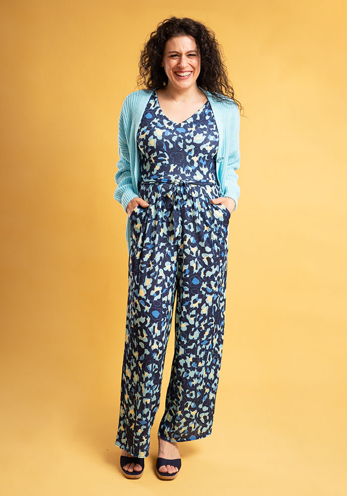 Fifth angle of Iona Blue Abstract Animal Print Culotte Leg Jumpsuit