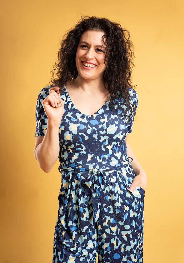 Fourth angle of Iona Blue Abstract Animal Print Culotte Leg Jumpsuit