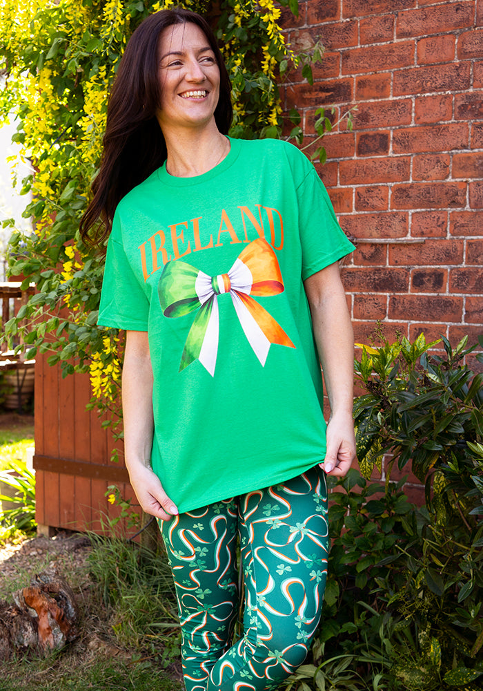 Front view of Green Ireland Graphic T-Shirt, a green cotton t-shirt with an Ireland Nation graphic print.
