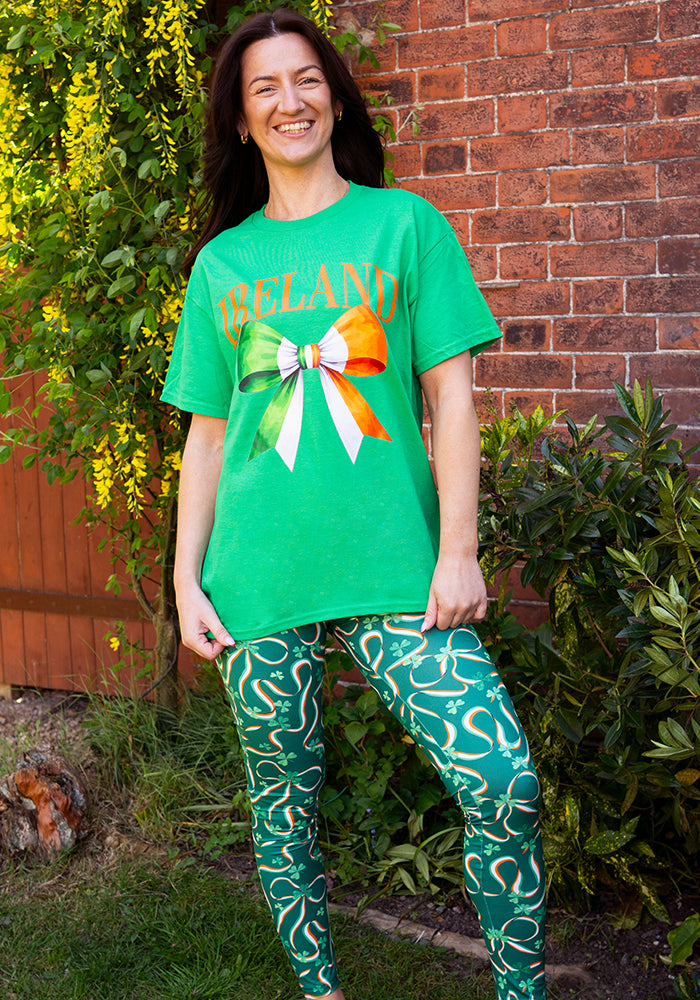 Third angle of Green Ireland Graphic T-Shirt, a green cotton t-shirt with an Ireland Nation graphic print.