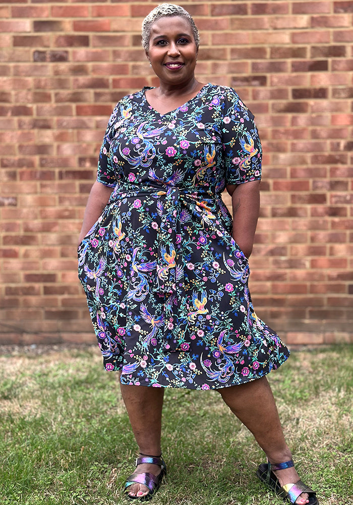 Front view of Irie Mystical Floral Phoenix Print Dress