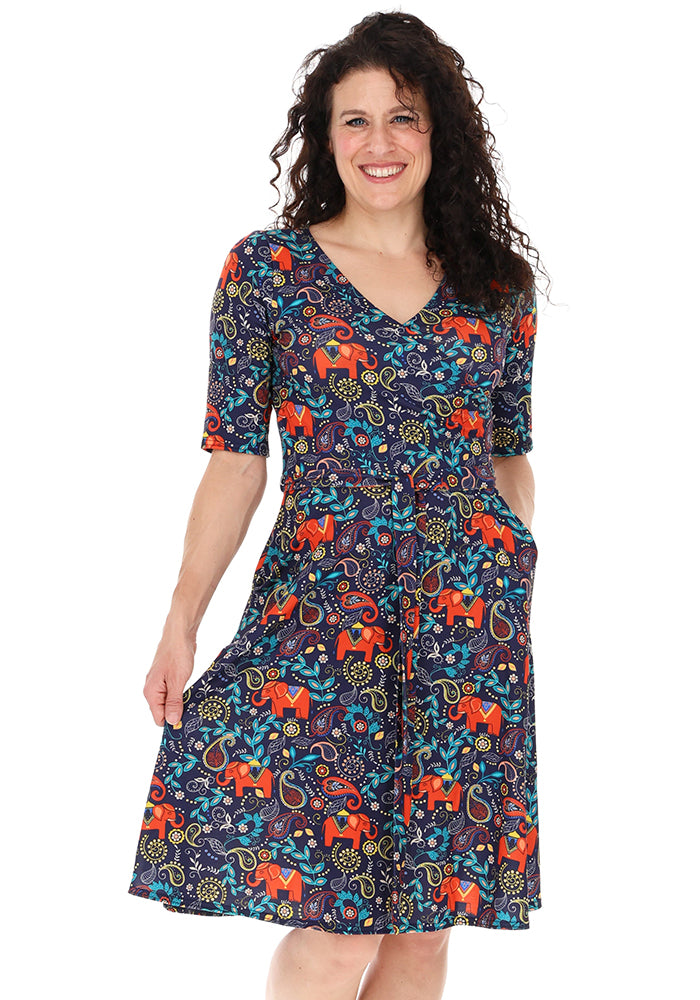 Iza Elephant Navy Paisley Print Dress