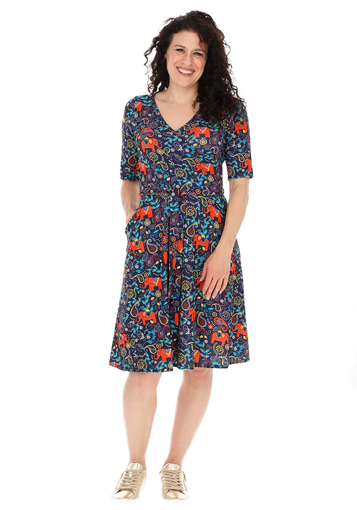 Iza Elephant Navy Paisley Print Dress
