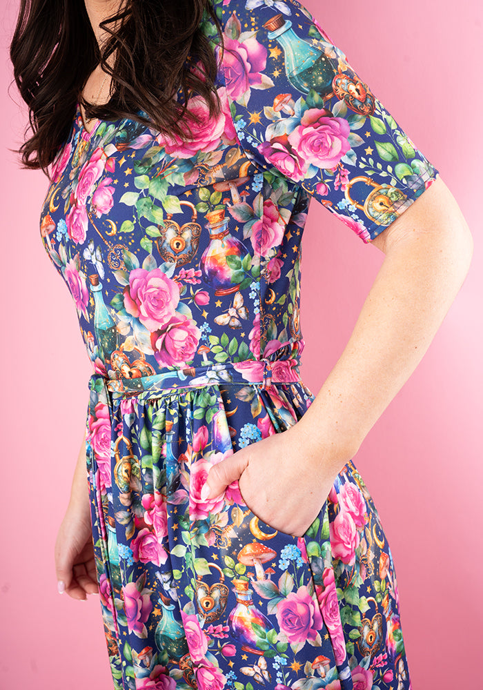 Ninth angle of Isidore Love Potion Print Midi Dress, our jersey is a smooth, stretchy fabric known for its comfort and ease.