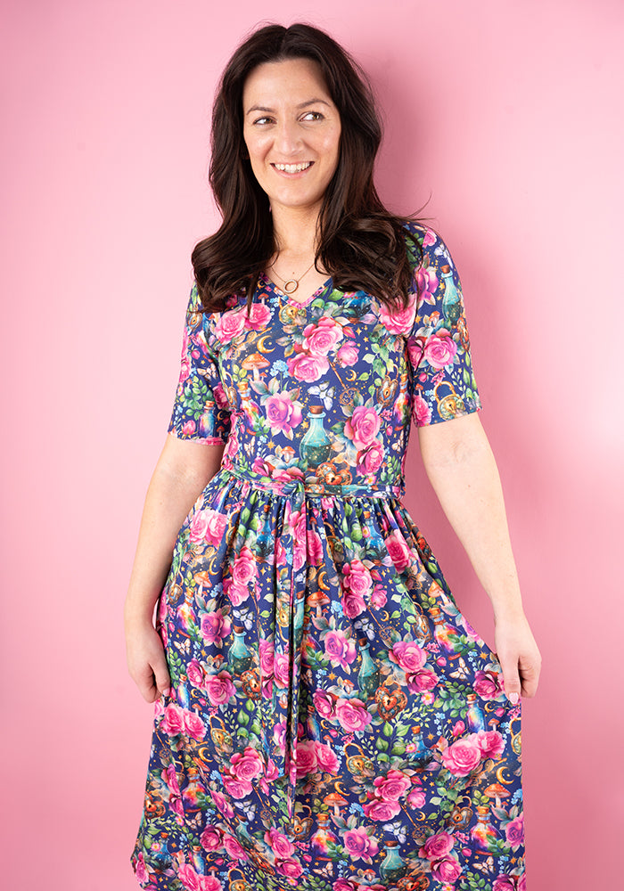 Front view of Isidore Love Potion Print Midi Dress, our jersey is a smooth, stretchy fabric known for its comfort and ease.