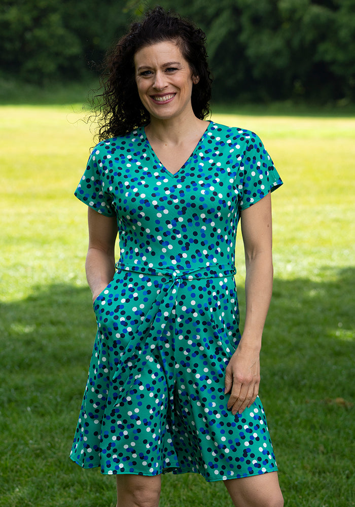 Front view of Iva Green Polka Dot Print Playsuit, easy one-and-done dressing from Popsy Clothing.