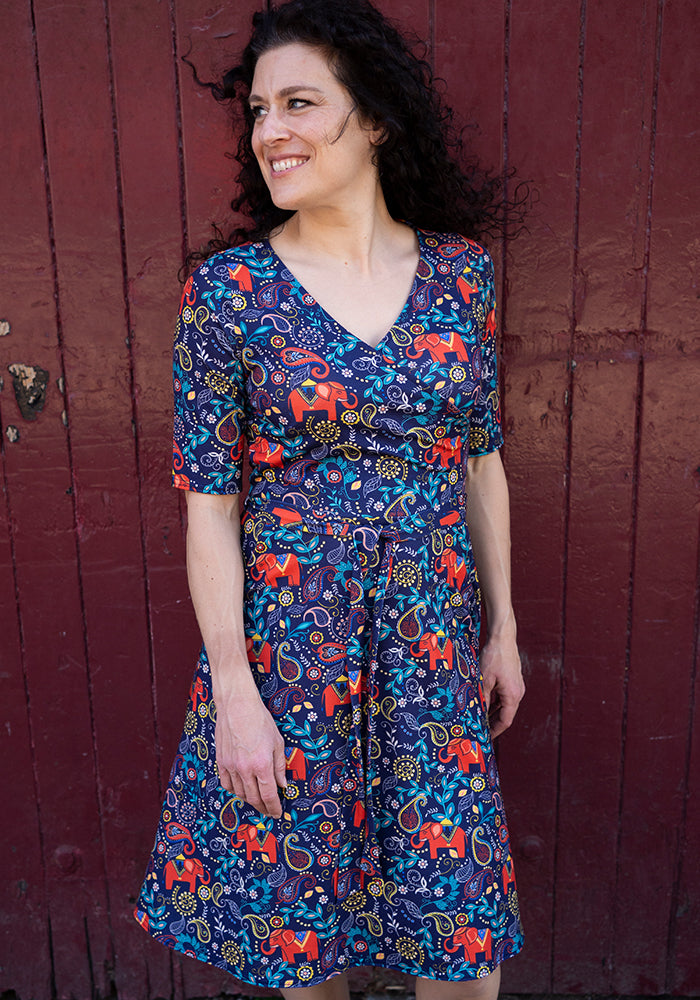 Iza Elephant Navy Paisley Print Dress