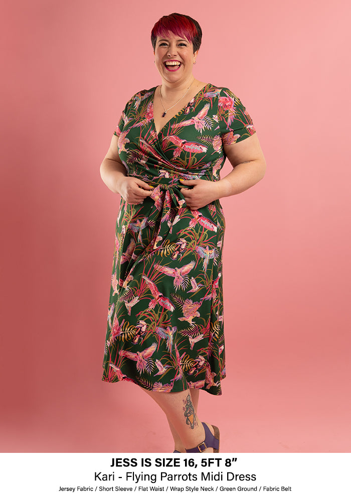 Kari Flying Parrots Print Midi Dress