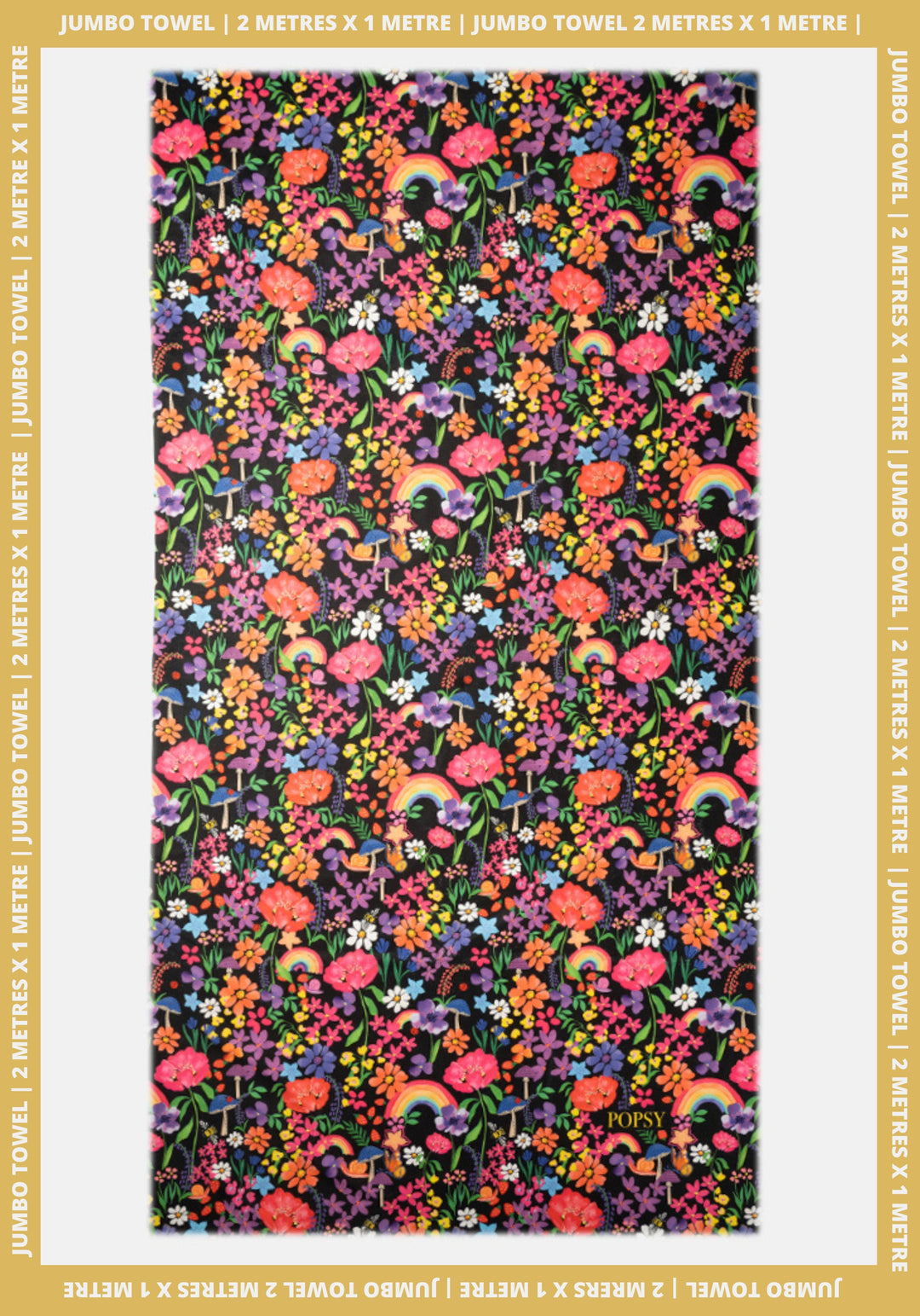 Front view of Garden Rainbow Print Black Jumbo Bath Sheet