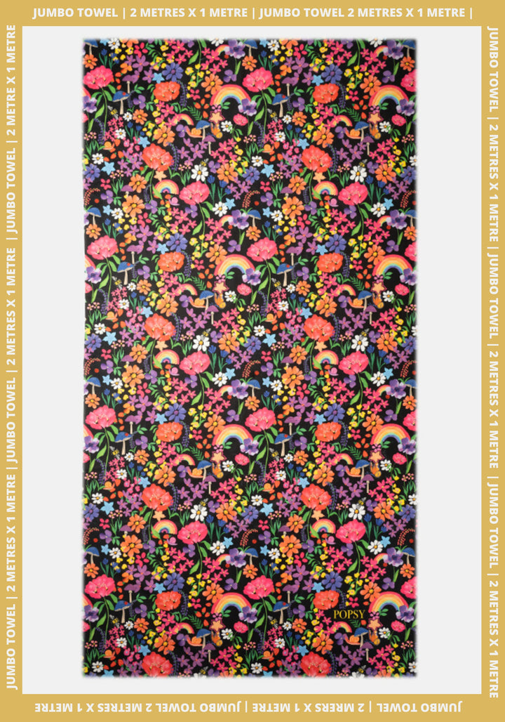 Front view of Garden Rainbow Print Black Jumbo Bath Sheet